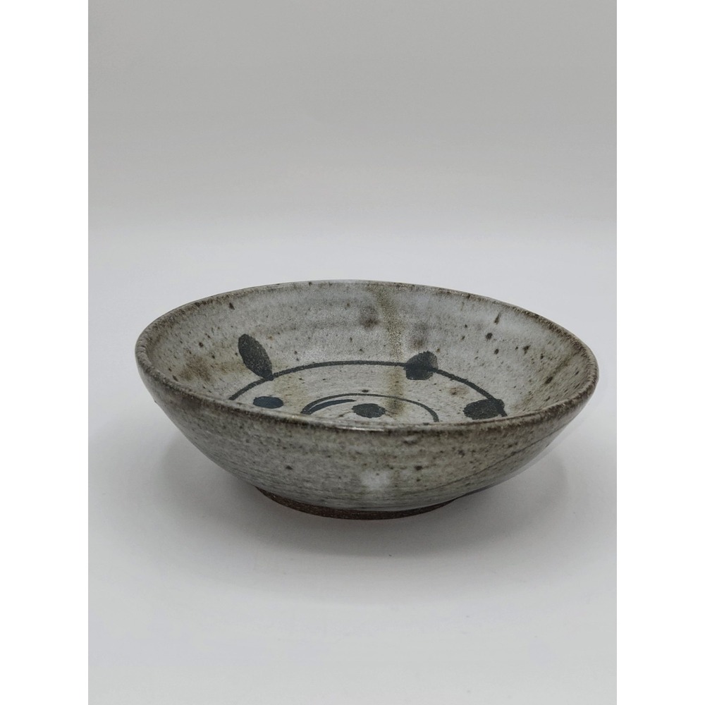 Vintage Studio Pottery Bowl Gray Speckled Glaze Spiral Dot Design Signed MI 9/96